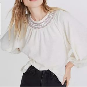 Madewell | Ivory Colored Long Sleeve Jacquard Embroidered Top